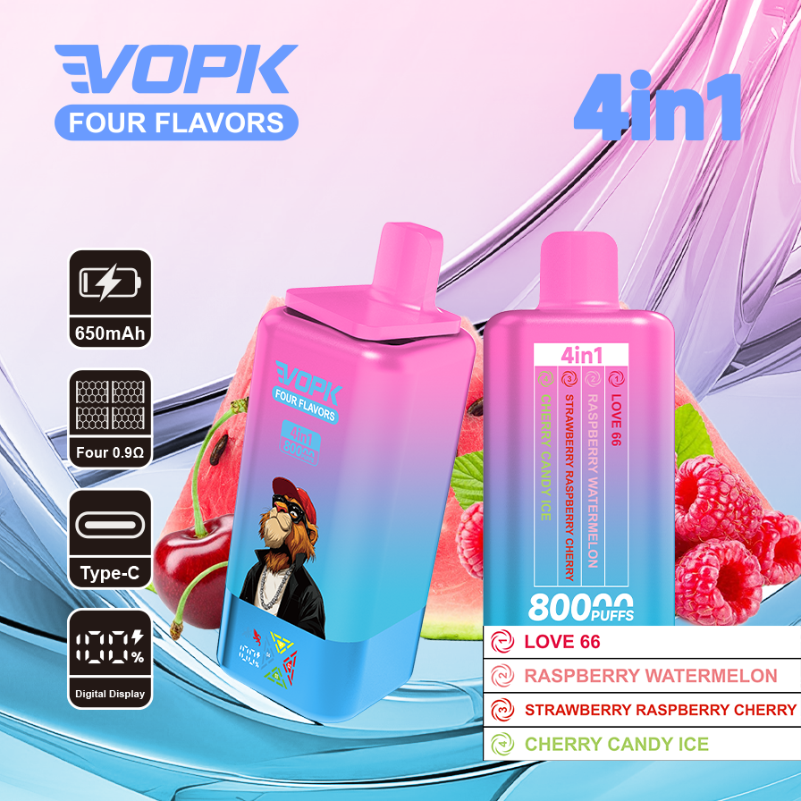 vopk 4 in 1 80k rechargeable disposable vape Love 66 & Raspberry watermelon & Strawberry Raspberry cherry  & Cherry candy ice