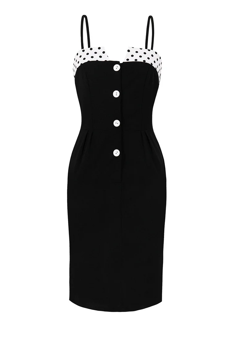 1950s Black Party Patchwork Polka Dot Buttons Cami Bodycon Midi Pencil Dress