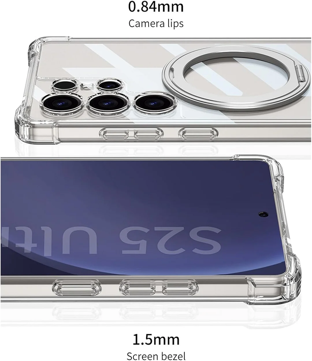 Case for Samsung Galaxy S25 Ultra, Clear Anti-Yellow PC Rugged Cover with Ring Holder Stand Shoockproof Phone Case,Black