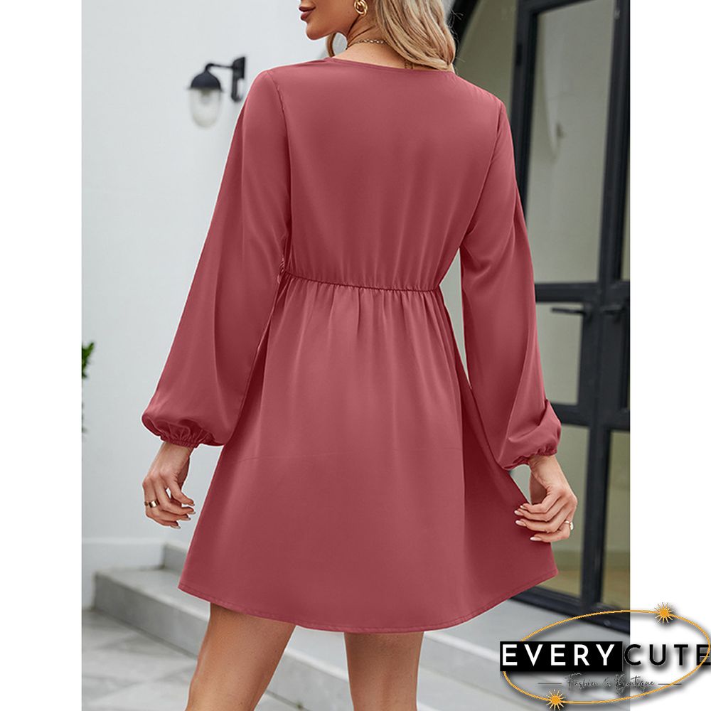 Pink V Neck Ruffle Detail Long Sleeve Dress