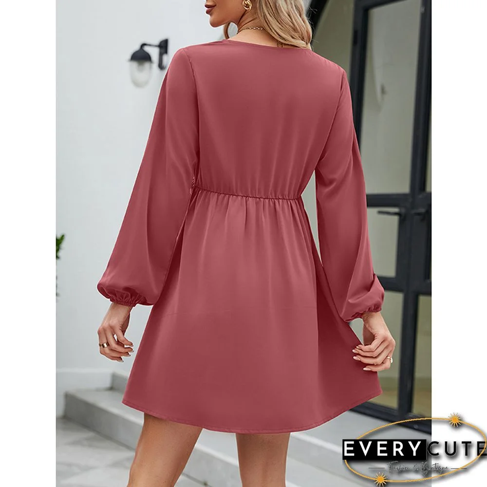 Pink V Neck Ruffle Detail Long Sleeve Dress
