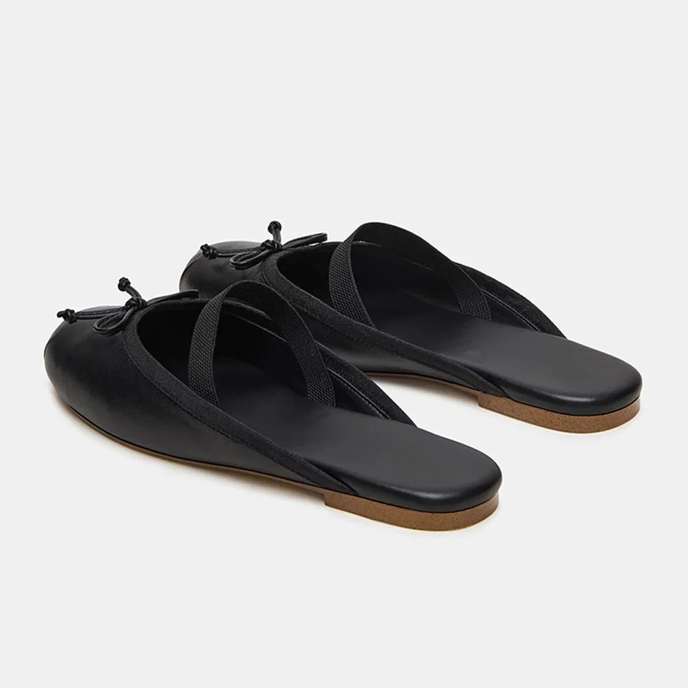 Black Round Toe Flat Ballet Slip On Mules for Women with Bow