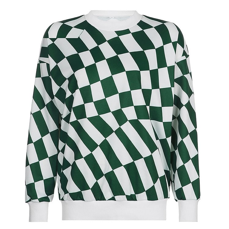 Y2K Loose Patchwork Colour Long Sleeve Round Neck Pull-over Irregular Checkerboard Sweatshirt-luchamp:luchamp