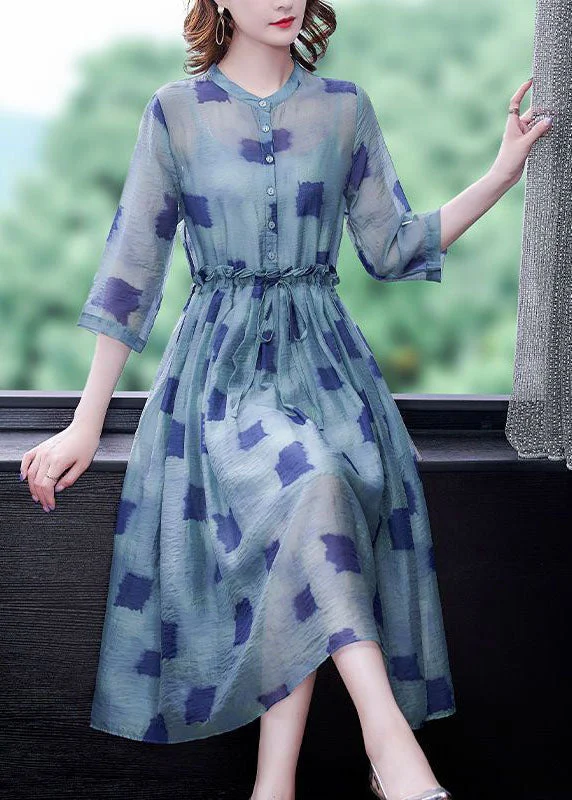 Simple Blue Ruffled Print Silk Cinched Dresses Two Piece Set Bracelet Sleeve