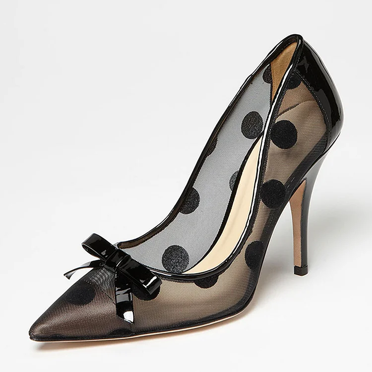 Black Mesh Bow Heels Polka Dot Pointed Toe Pumps for Women |FSJ Shoes