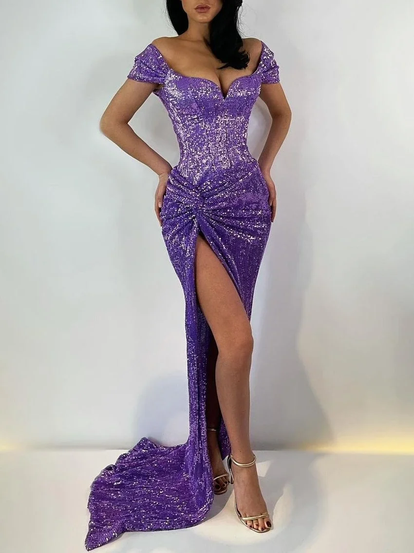 Zachics Shiny sequin off-the-shoulder slit purple evening dress-zachics