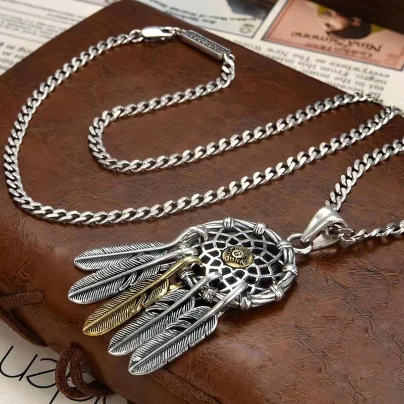 Vintage Gold and Silver Contrasting Feather Hollow Pendant Necklace