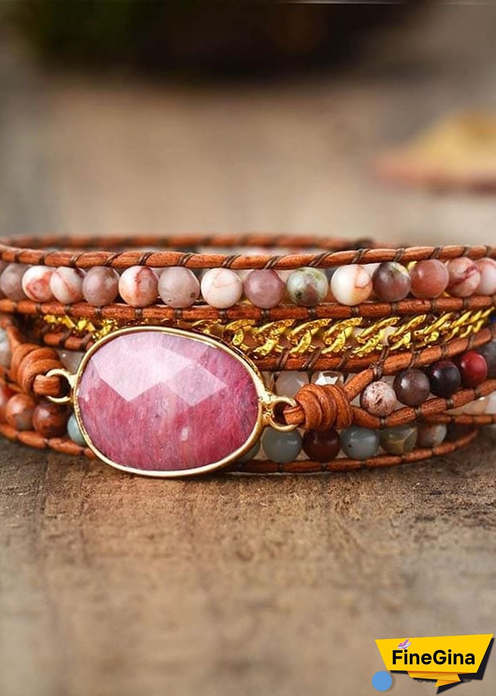Boho Bracelet, 5 Layers Leather Wrap Bracelet, Pink Rhodonite