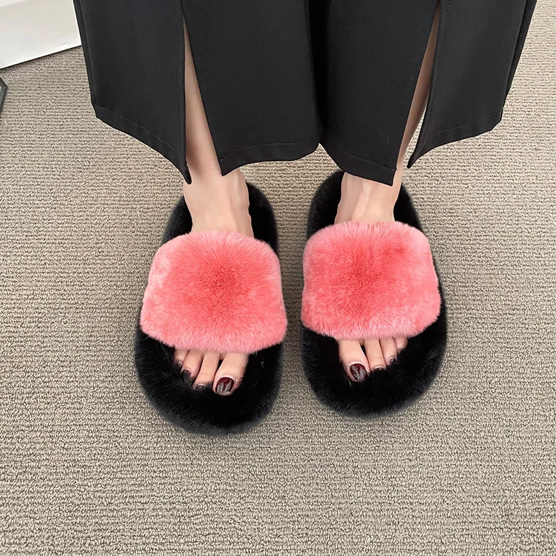 Yyvonne Wear Thick-Sed Haired Slippers Women 2025 Autumn And Winter Plush Indoor Home Lazy Cotton Slippers Tide