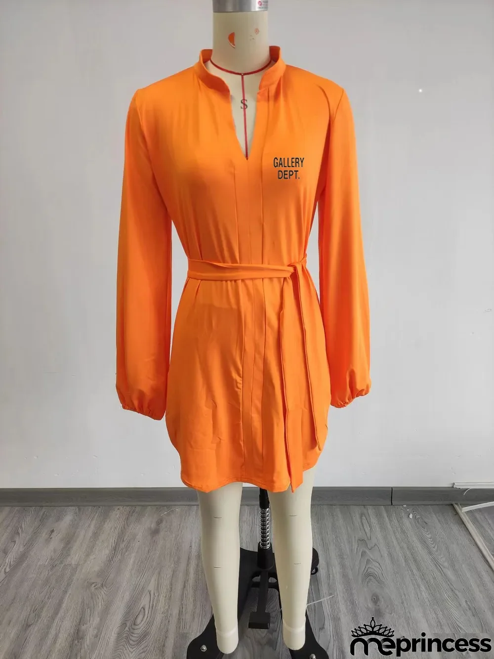 Women Printed V-Neck Casual Puff Sleeve Dress with Belt.