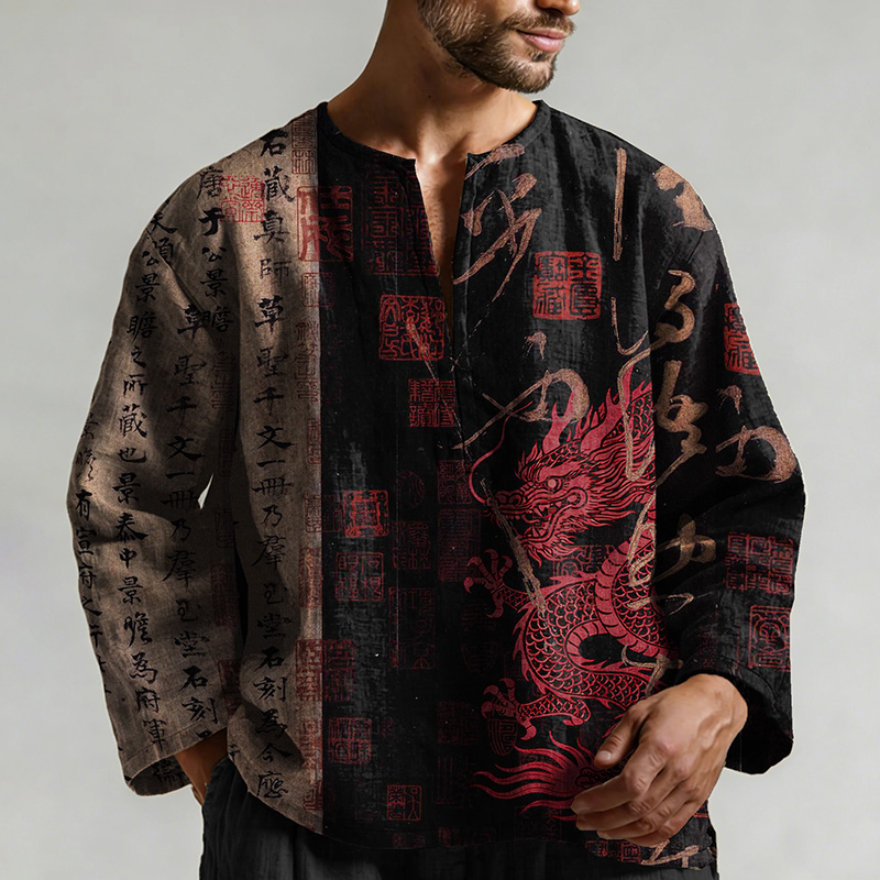 Retro Calligraphy With Dragon Art Pattern Long Sleeve Linen Shirt  artssus