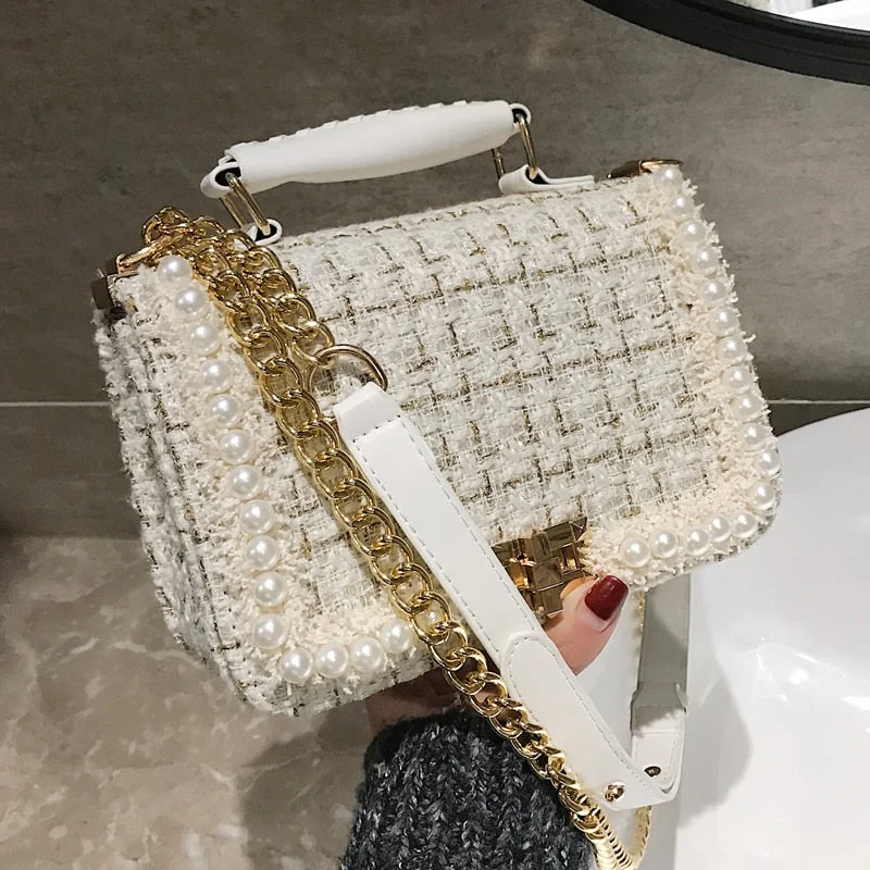 2021 Fashion New Female Square Tote bag Quality Woolen Pearl Women's Designer Handbag Ladies Chain Shoulder Crossbody Bag Travel