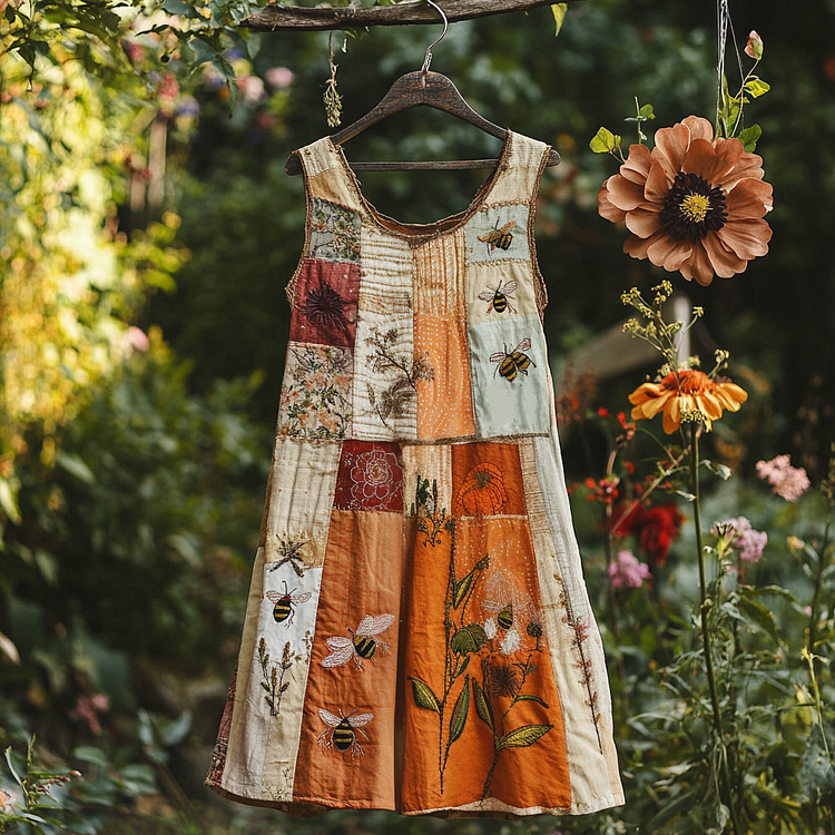 Women's Vintage Wildflowers And Bees Art Embroidery Short Dress