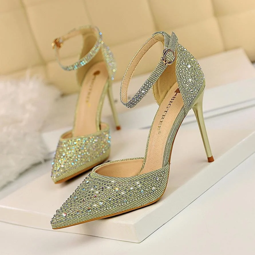 Shallow mouth pointed toe cutout stiletto sandals with rhinestones