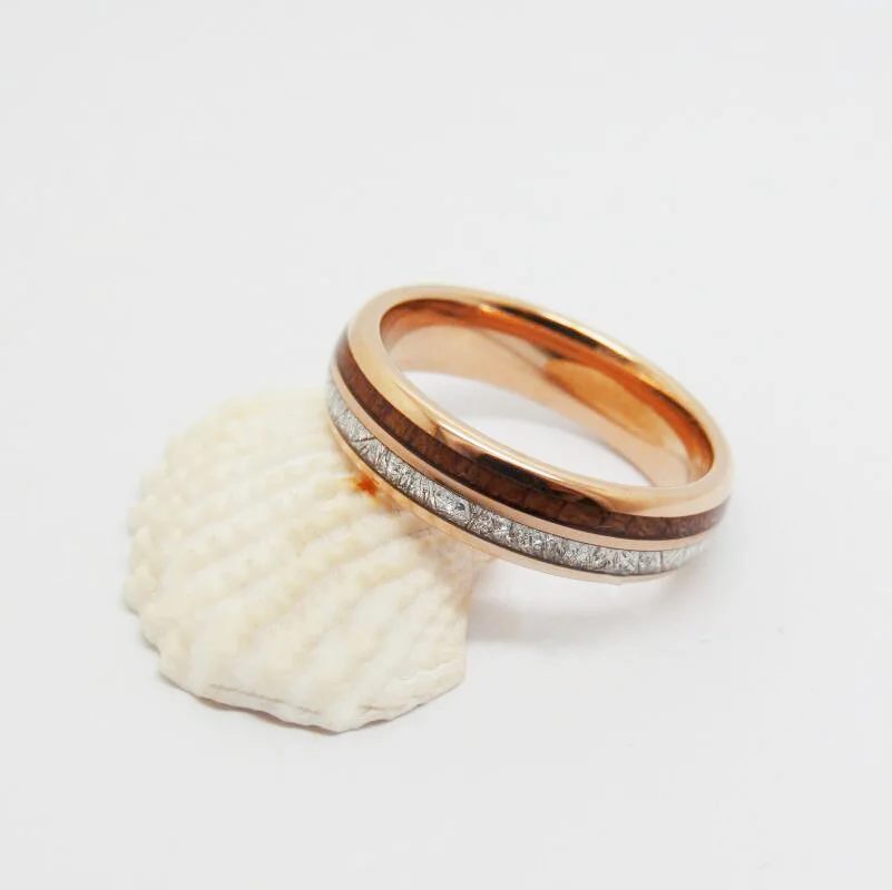 6MM 8MM Full Arc Electric Rose Gold Tungsten Wedding Rings Inlaid Mahogany And Silver Thread