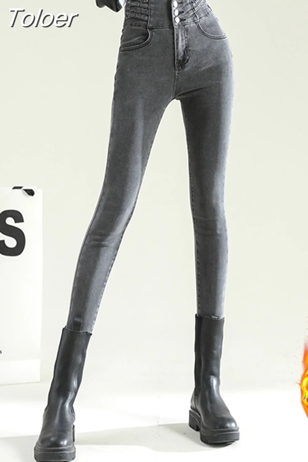 Toloer Fleece Warm New Fashion Wild Versatile Jeans Women's Skinny Y2K Skinny High Quality Black Stretch Pencil Pants Commuter