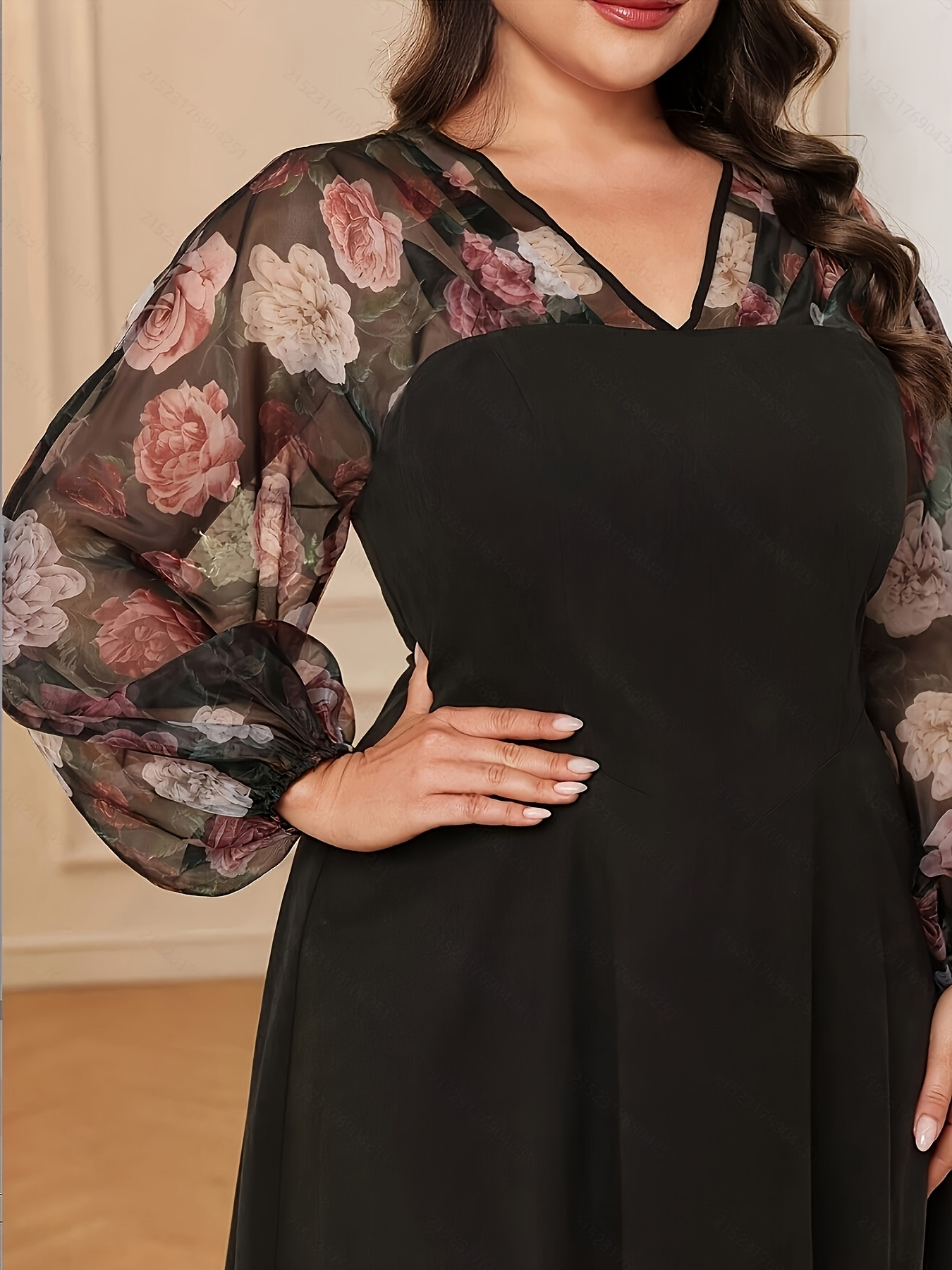 Plus Size, Plus Size 's Chiffon A-Line Midi Dress With & Bell Sleeves - Casual To Semi-Formal Patchwork Wedding Guest Dress, Loose Fit Chiffon Wedding Dress For, Stylish Plus Size Dresses, Curvy Spring Dresses, Curved Dresses