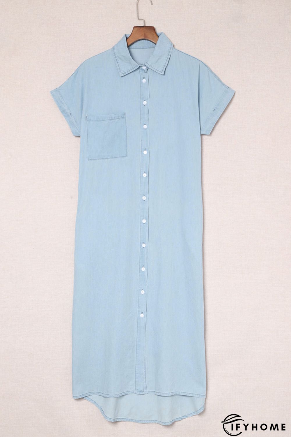 Sky Blue Chambray Shirt Short Sleeves Midi Dress | IFYHOME