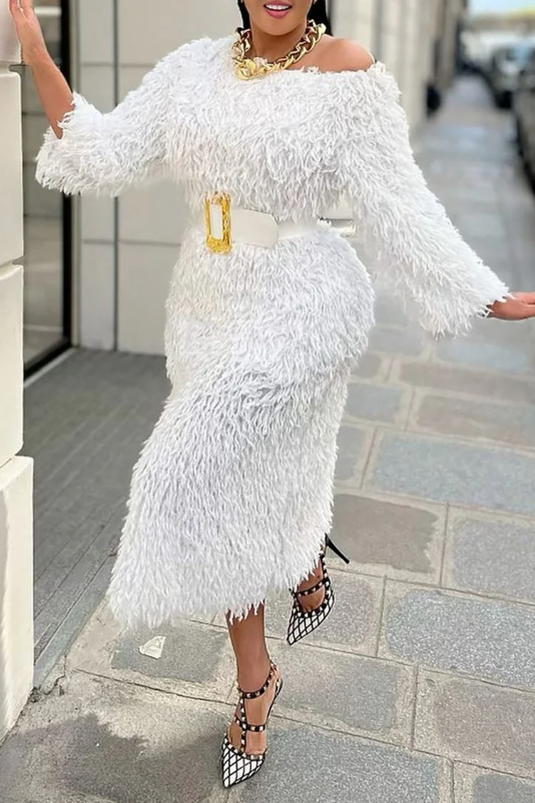Plus Size Semi Formal Dress White Long Sleeve Feather Midi Dress (No Belt)