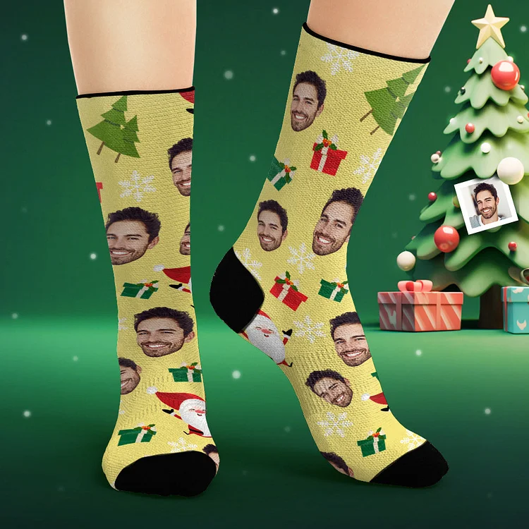 Custom Face Socks Personalized Photo Yellow Socks Cute Santa Claus