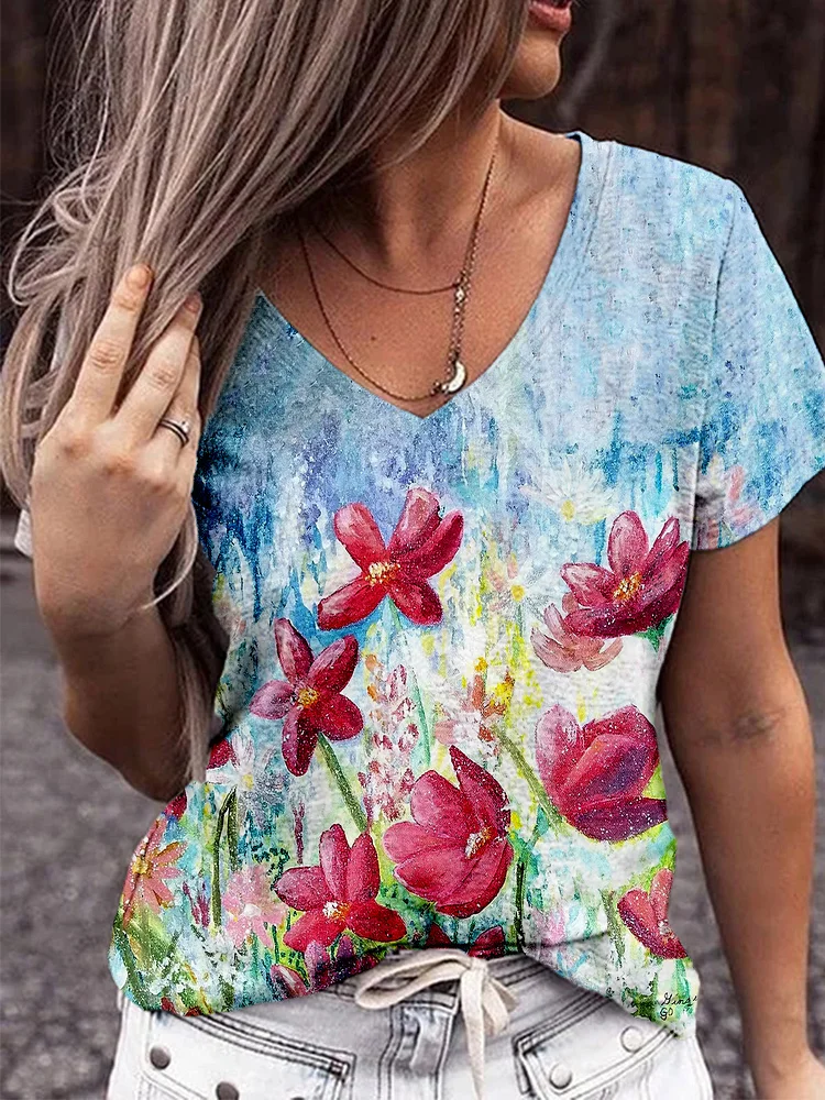 Flower Short Sleeve Tops