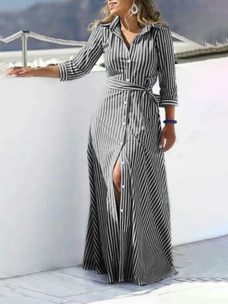 Fashion Women Lapel Neck Striped Dress ZANZEA Autumn Long Sleeve Buttons Maxi Long Dress Elegant Shirt Vestidos Femme Sundress