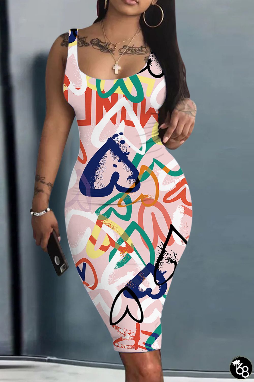 Pink Casual Print Basic U Neck Vest Dress Dresses | 168DEAL