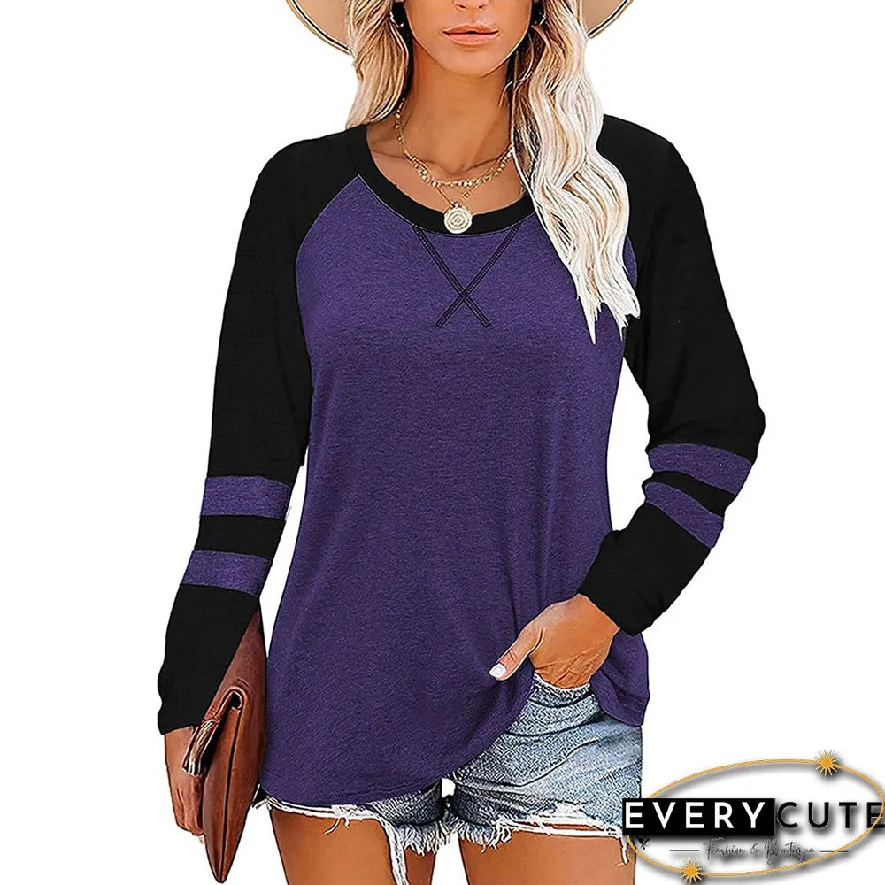 Purple Color Contrast With 2 Lines Long Sleeve Tops