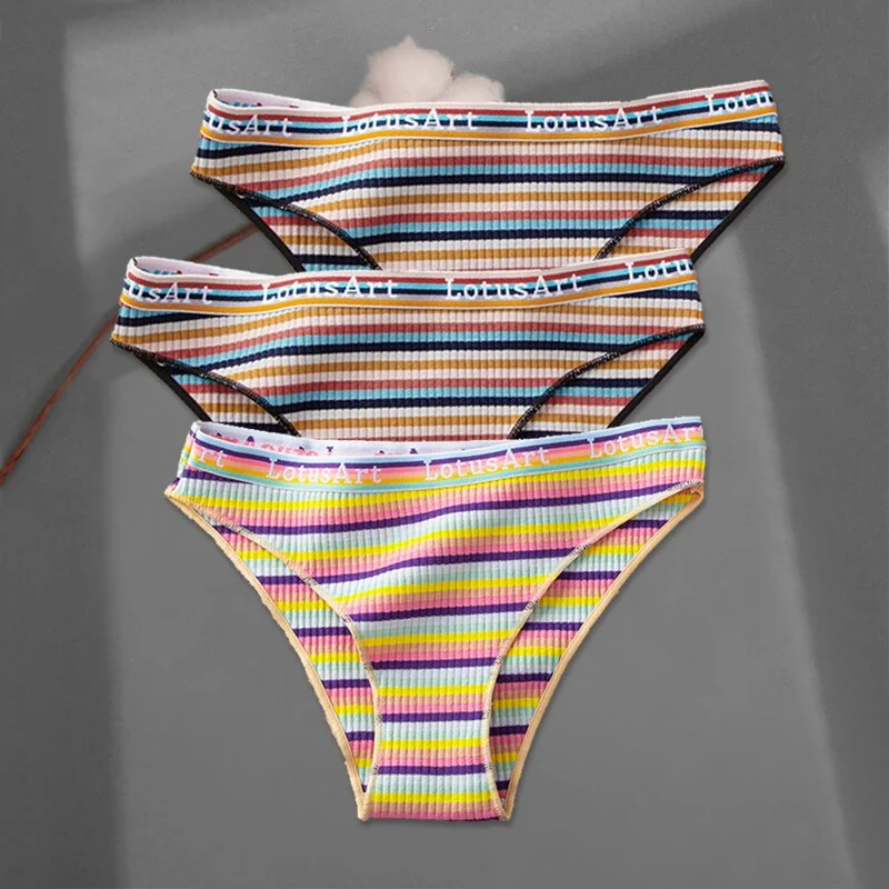 FINETOO 3Pcs/set Colorful Stripes Panties Women's Cotton Briefs M-XL Low-Rise Rainbow Underwear Ladies Underpants Girls Panties