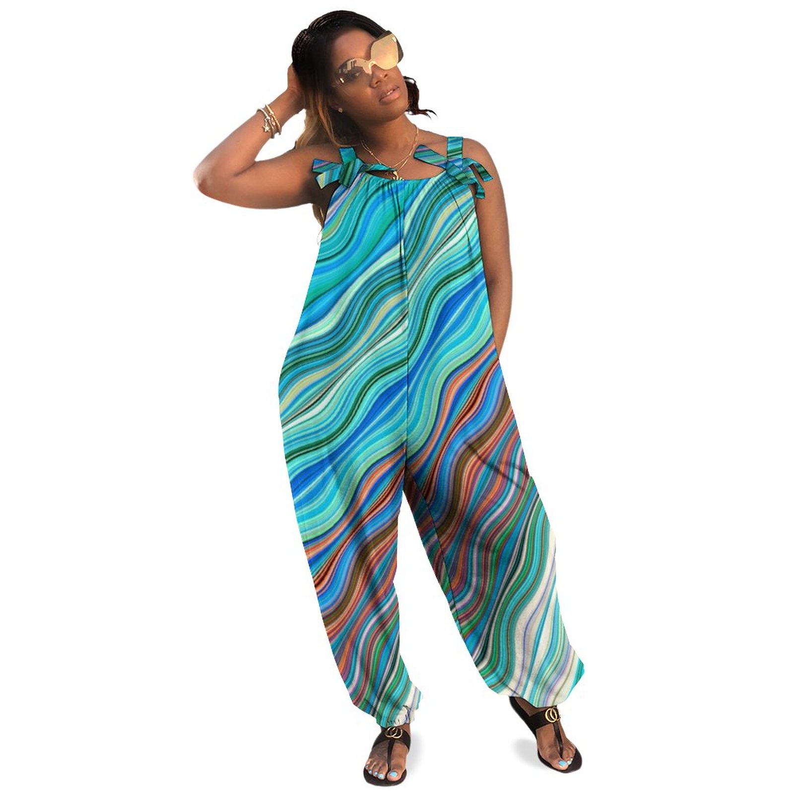 Vintage Abstract Waves Pattern Plus Size Women Rompers Summer Casual Loose Jumpsuit Size 24 Sequin Romper Boho Style Pockets Polyester Spandex