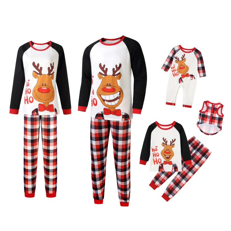 Ho Ho Ho Christmas Reindeer and Letter Print Family Matching Plaid Pajamas