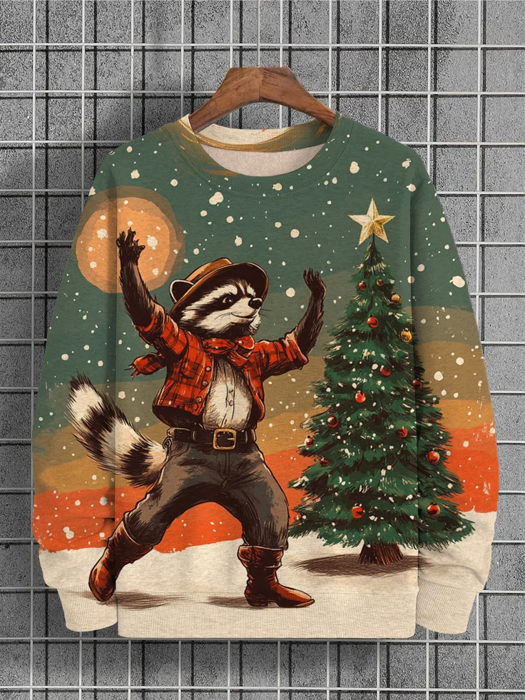 Men's Christmas Eve Cowboy Raccoon Print Casual Sweatshirt
