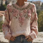 Vintage Boho Roses Embroidered Glitter Cozy Knit Sweater - Image 2