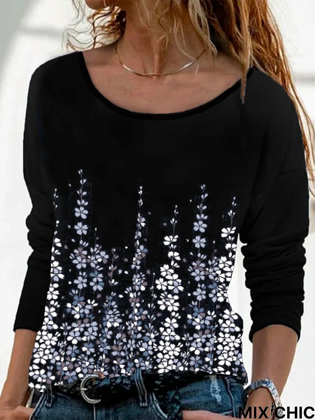 Casual Floral Crew Neck Loose Long Sleeve T-Shirt