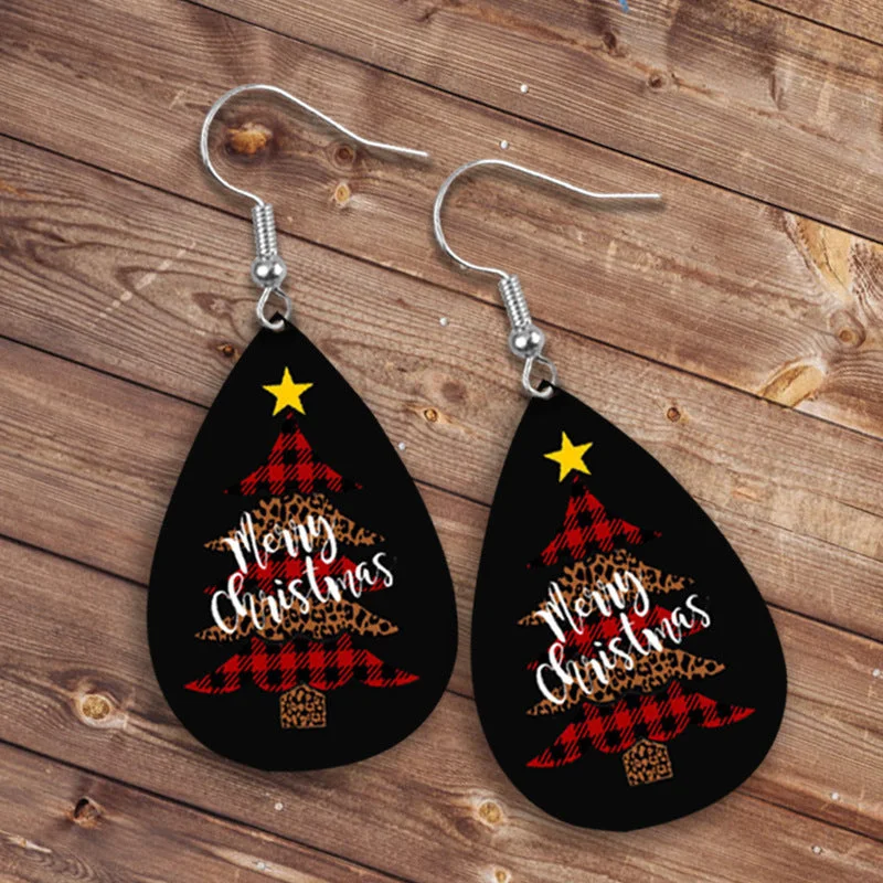 Merry Christmas Plaid and Leopard Tree Leather Earrings