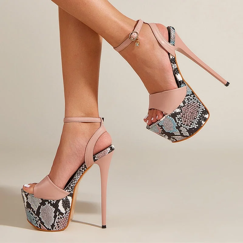 Liyke Sexy Snake Print Thick Bottom Platform Sandals Women Pumps Open Toe Buckle Strap Super Thin High Heels Party Wedding Shoes