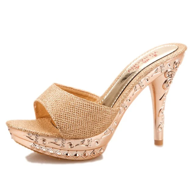 Women Platform High Heels Slippers Bowknot Design Glitter Bling Wedges Sandals Sexy Peep Toe Women Nightclub Party Wedding Shoes