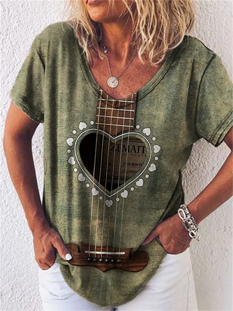 Vintage Heart Wooden Guitar Inspired T Shirt