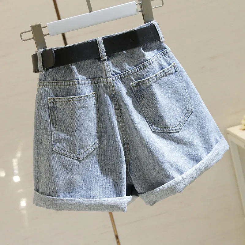 Ailegogo Streetwear High Waist Women Blue Denim Shorts With Belt Summer Casual Female Wide Leg  Size 2xl Jeans Shorts