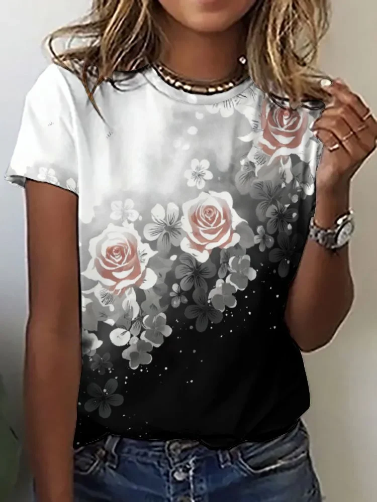 Printed Short Sleeve Casual T-shirt for  Women and Men Unisex Pattern Floral, Black, Pink