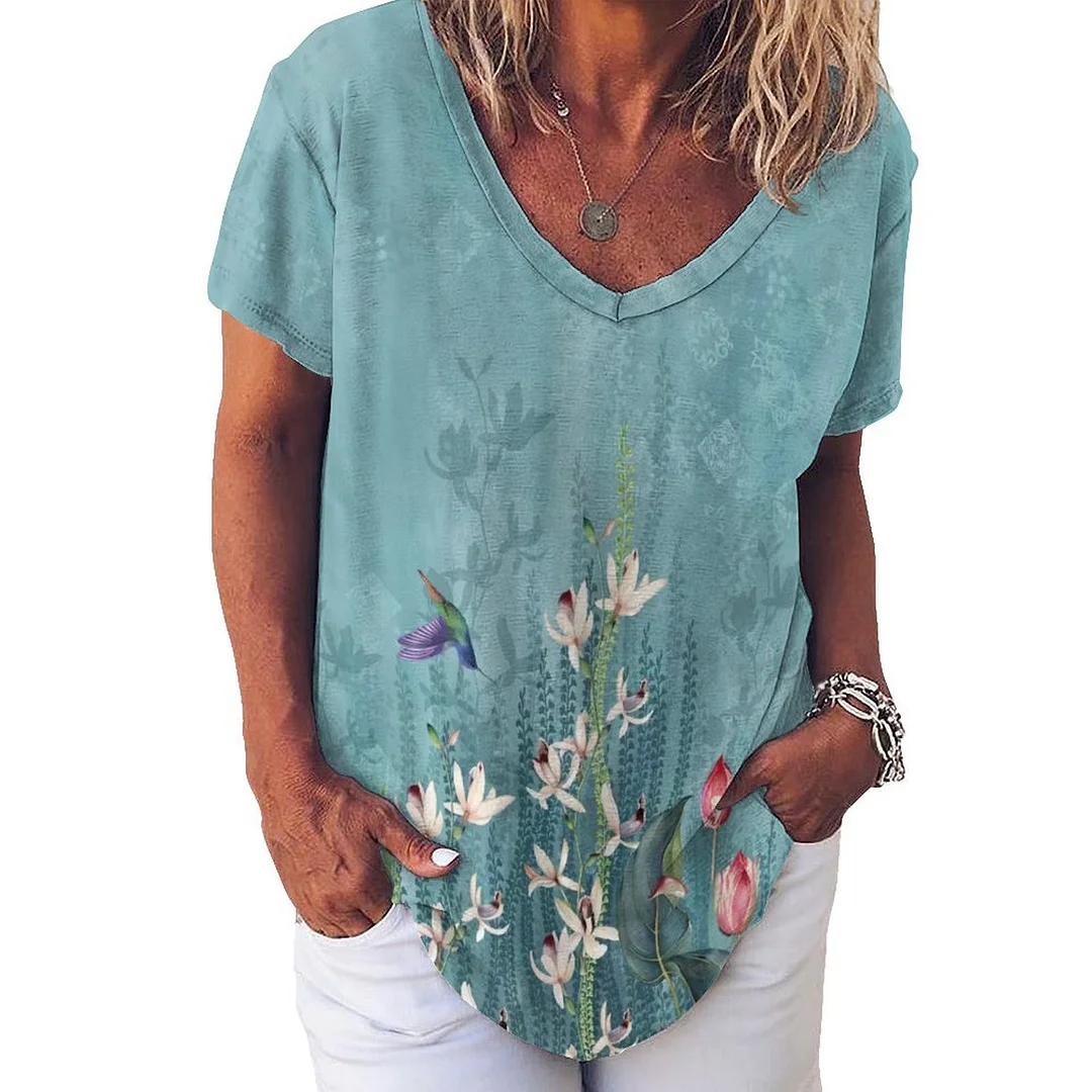 V-neck Short Sleeve Casual T-shirt for  Women Printed with Pattern Floral, Green, Red
