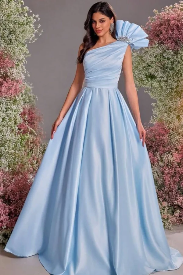 Elegant Sky Blue Asymmetric Pleated One Shoulder Rhinestone Prom Dress YK0012