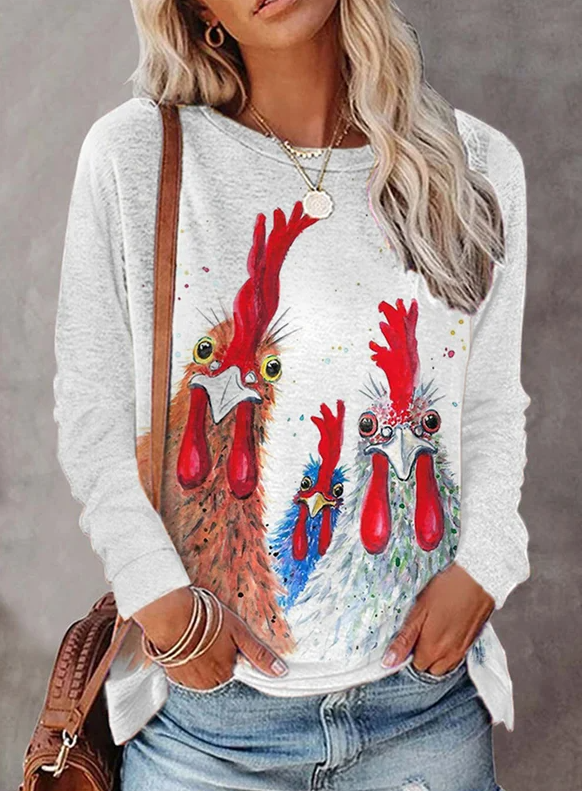 Women's Funny Chicken Hello Girls Casual Long-Sleeve T-Shirt
