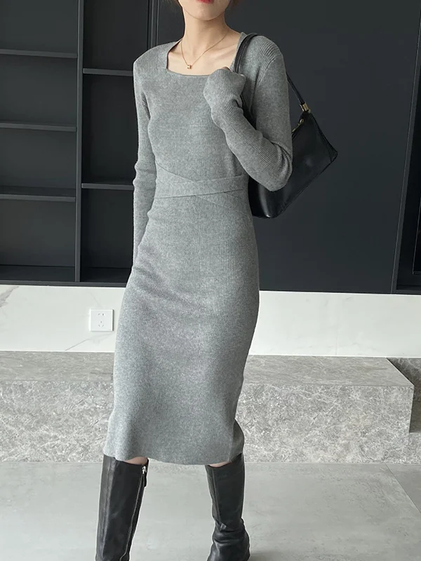 Simple Skinny Long Sleeves Solid Color Square-Neck Sweater Dresses