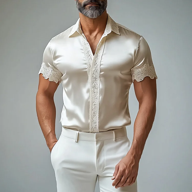 Men's Satin Lace Trim Turndown Collar Short Sleeve Shirt
