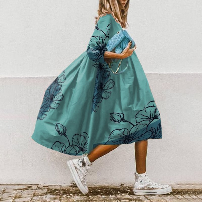⚡NEW SEASON⚡Fashion Crew Neck Printed Short Sleeve Midi Dress