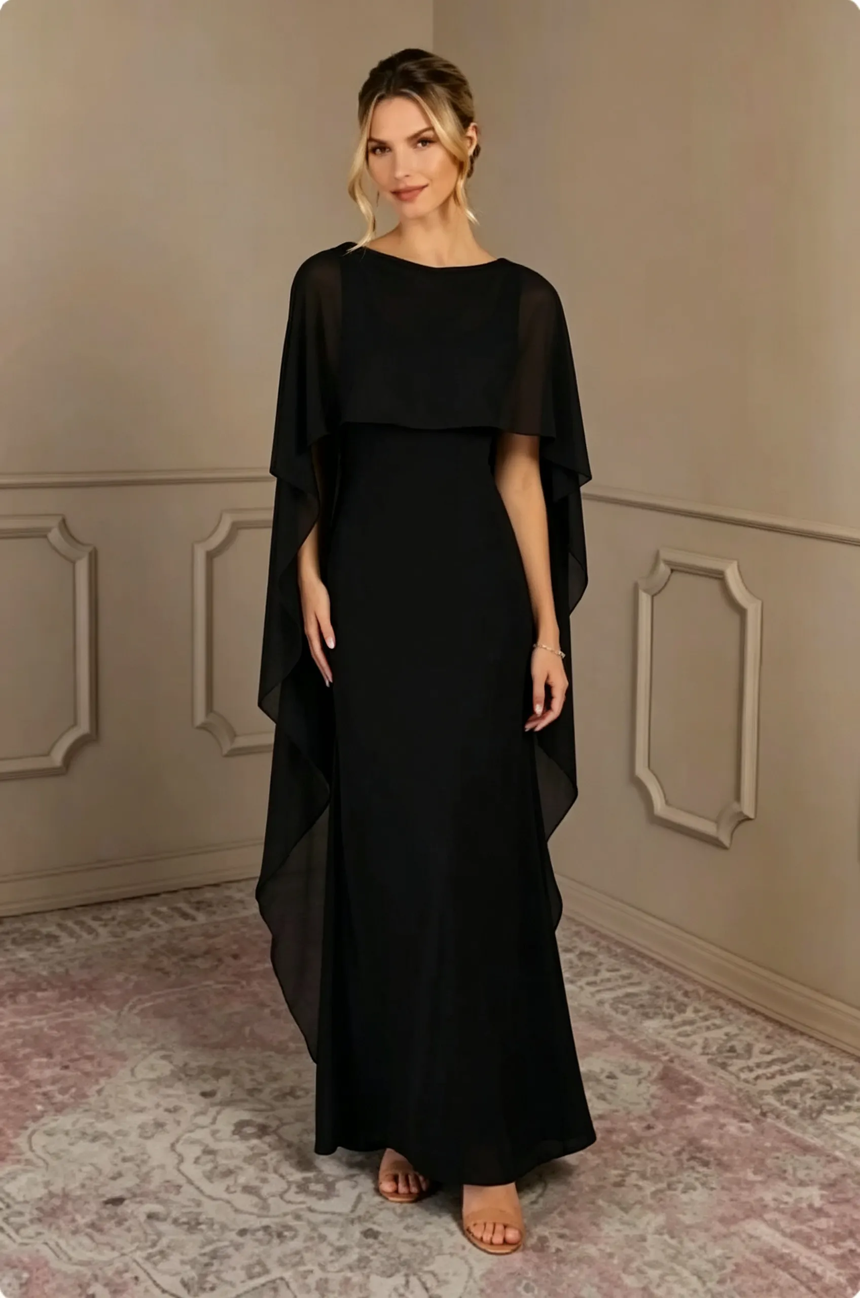 Daisda Chiffon Bateau Neck Cape Sleeves Long Mermaid Mother Of The Bride Dress