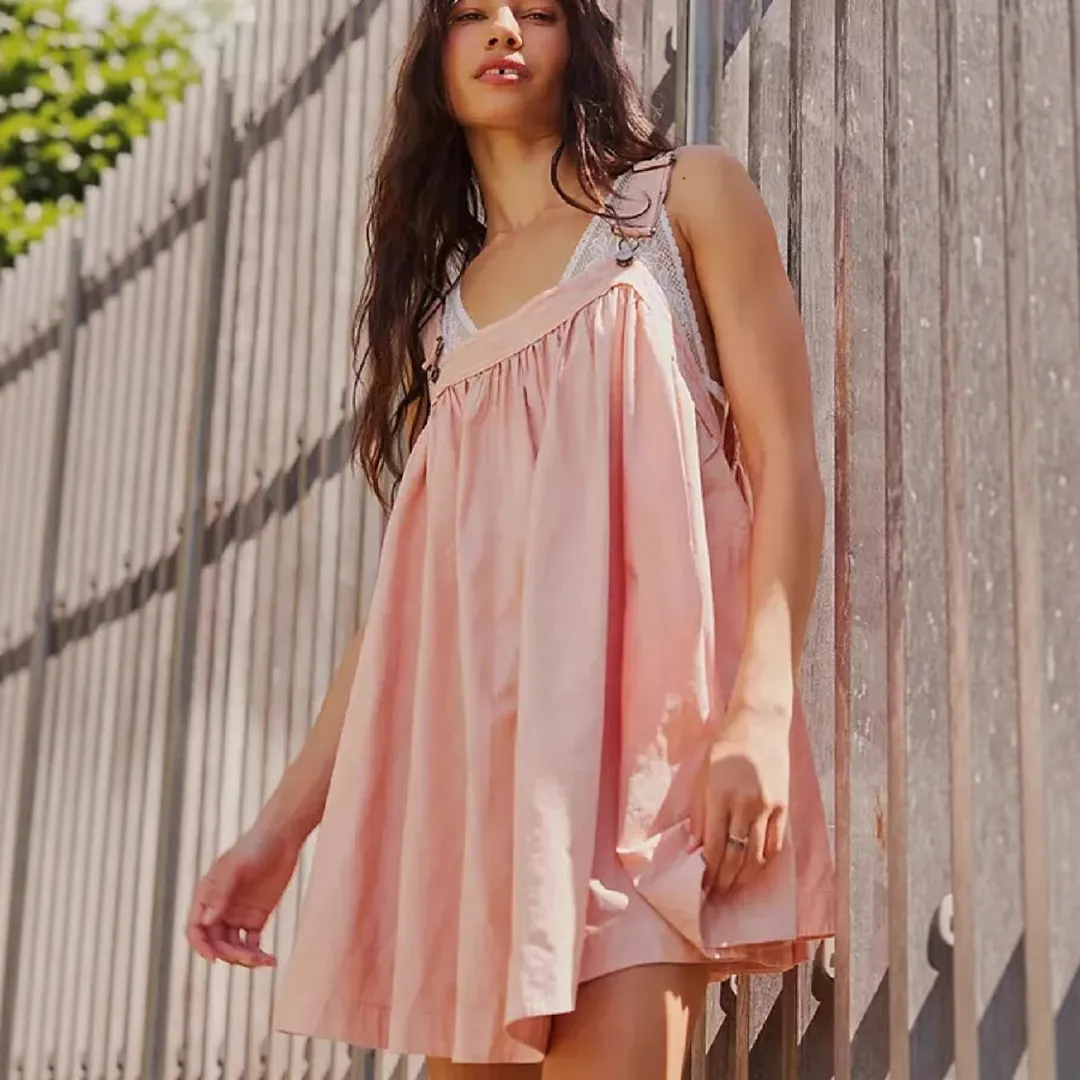 Women's Pink Lace Trim Suspender Babydoll Loose Swing Mini Dress