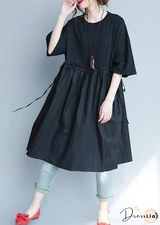 Italian Black Geometry Linen Quilting Dresses Ruffles Loose Summer Dress