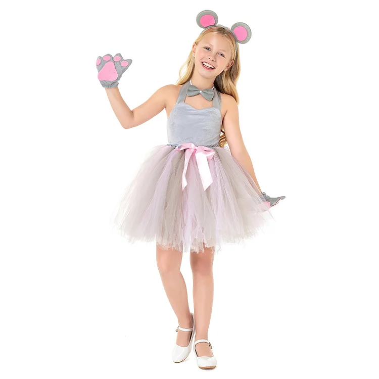 Kids Children Animals Mouse Gray Pink Tutu Dress Outfits Cosplay Costume Halloween Carnival Suit